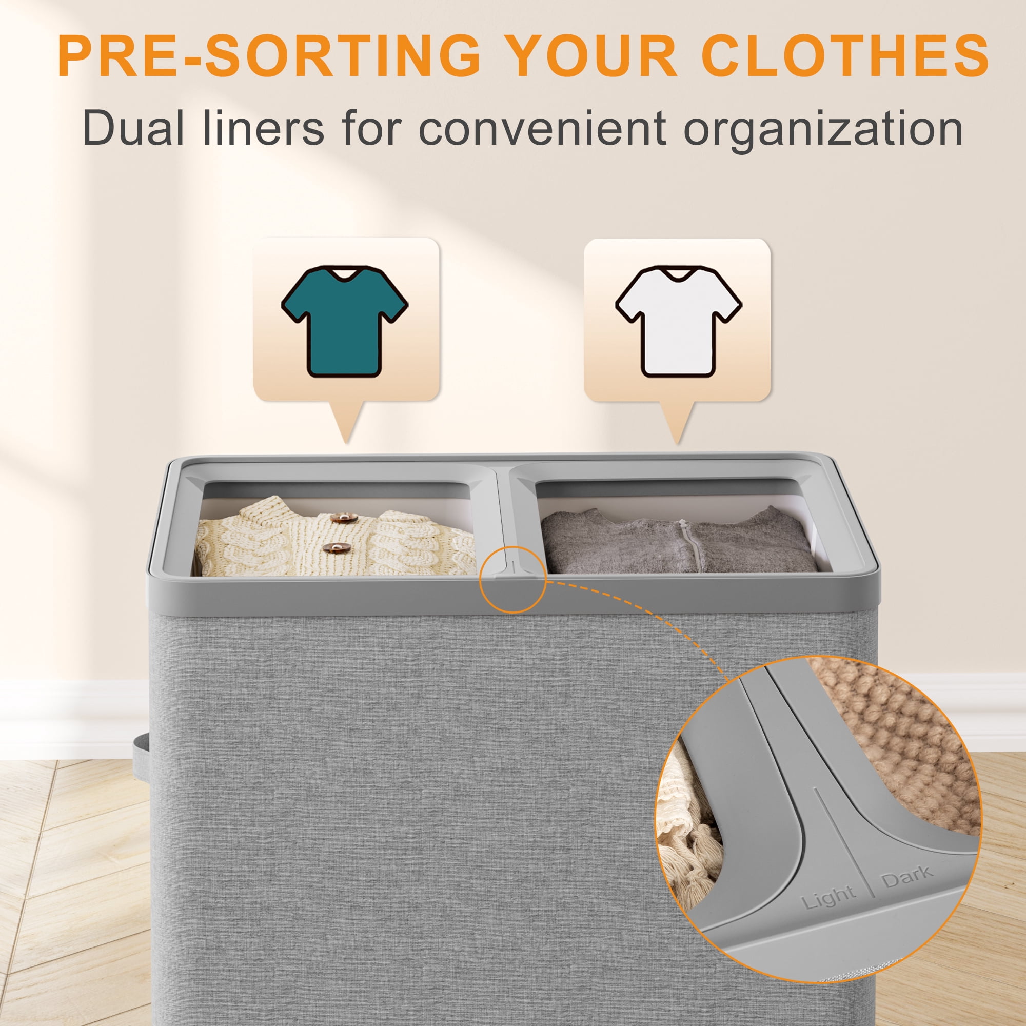 BGTREND 150L Double Laundry Hamper with Lid, 2 Removable Washing Bags with Handles, Large Clothes Sorter for Easy Separation (Gray)