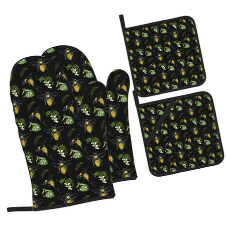 

Balery Bee Floral Pattern Oven Mitts and Pot Holders 4 pcs Set Kitchen Oven Glove High Heat Resistant 500℉ Oven Mitts with Non-Slip Silicone Surface