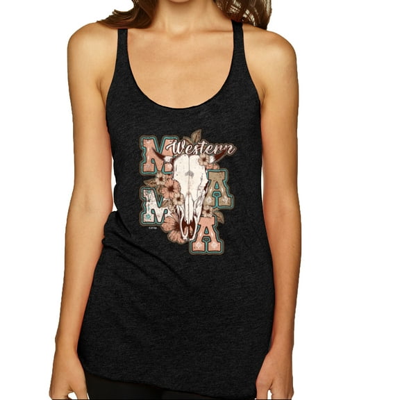 Wild Bobby Western Ma Steer Pink And Grey Distressed Pop Culture Women Tri-Blend Racerback Tank Top, Vintage Black, Small