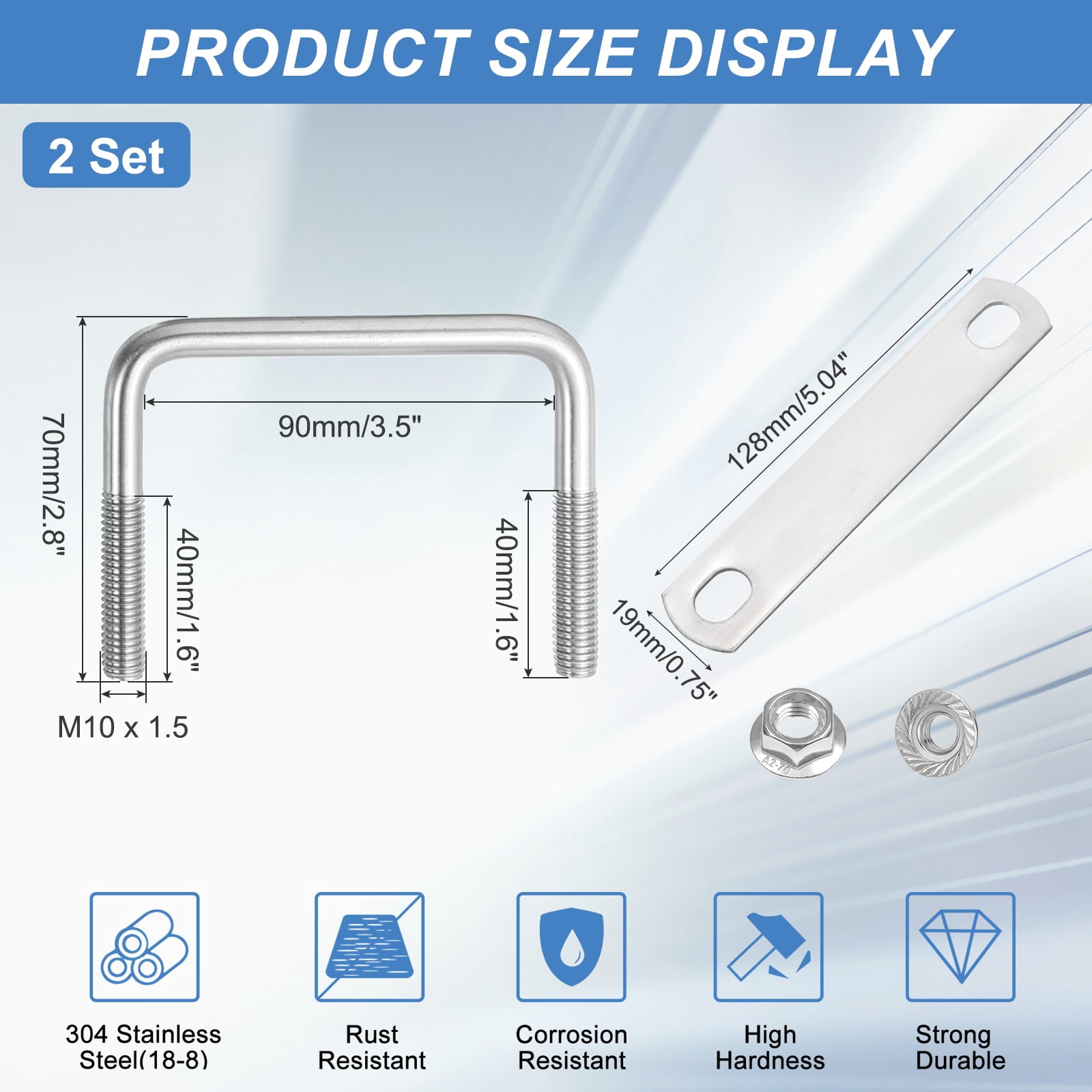 Uxcell 2 Set M10 3-9/16 Inch Inner Wide Square U Bolts, 2-3/4 Inch Length 304 Stainless Steel U-Bolts with Flange Hexagon Nuts, Frame Plates for Trailer, Automotive, (90mm W x 70mm L)