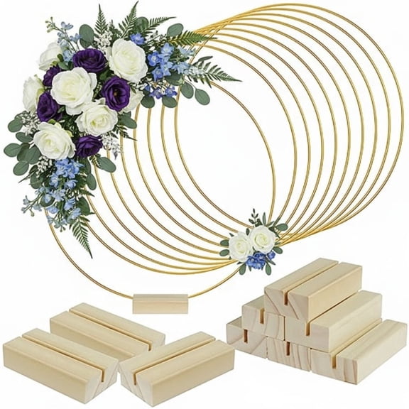 Set of 12 30-cm (12-inch) metal wreaths; round table centerpieces with bases; gold wreaths with stands; perfect for DIY projects, christening parties, and wedding decorations
