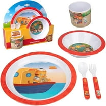Daniel Tiger 5 Pc Mealtime Feeding Set for Kids and Toddlers - Includes Plate, Bowl, Cup, Fork and Spoon Utensil Flatware - Durable, Dishwasher Safe, BPA Free (Red)