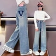 thumbnail image 2 of Byoo Toddler Girls' Washed Jeans Durable Wide Leg Straight Fit Daily Denim Pants Pull On Kids Trousers,Dark Blue, 2 of 9