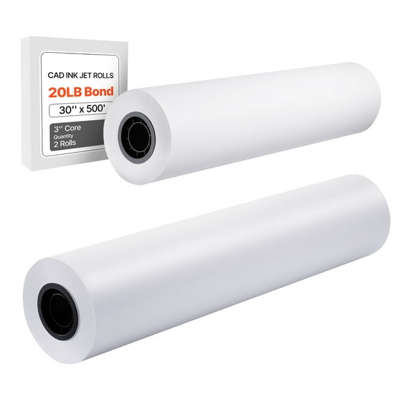 KFFKFF Wide Format Paper, 30 in x 500 ft Plotter Roll, 2 Rolls CAD Bond Rolls with 3 in Core, 20 LB Bond Paper, Suitable for CAD Drawings, Engineering Plans, GIS Maps, and Architectural Designs