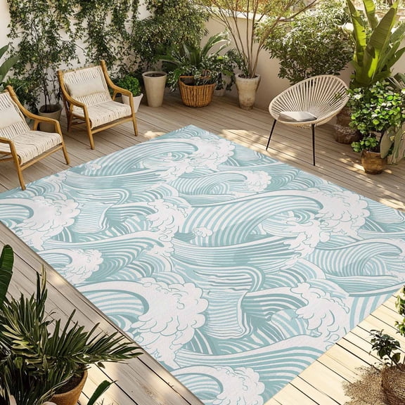 Fsddascl Turquoise Ocean Waves Outdoor Rug for Patio/Deck/Porch, Non-Slip Large Area Rug 4 x 6 Ft, Moire Seaside Abstract Art Indoor Outdoor Rugs Washable Area Rugs, Reversible Camping Rug Carpet