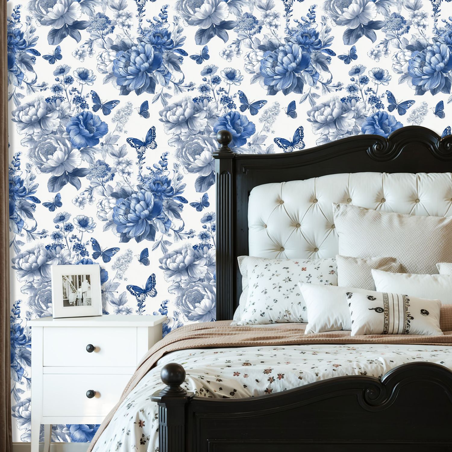 Vintage Peel and Stick Wallpaper 23.6in x 9.8ft Blue Floral Butterflies Hand Drawn Style Contact Paper Vinyl Self-Adhesive Removable Wall Paper for Bedroom Kitchen Cabinet Décor Renter Friendly