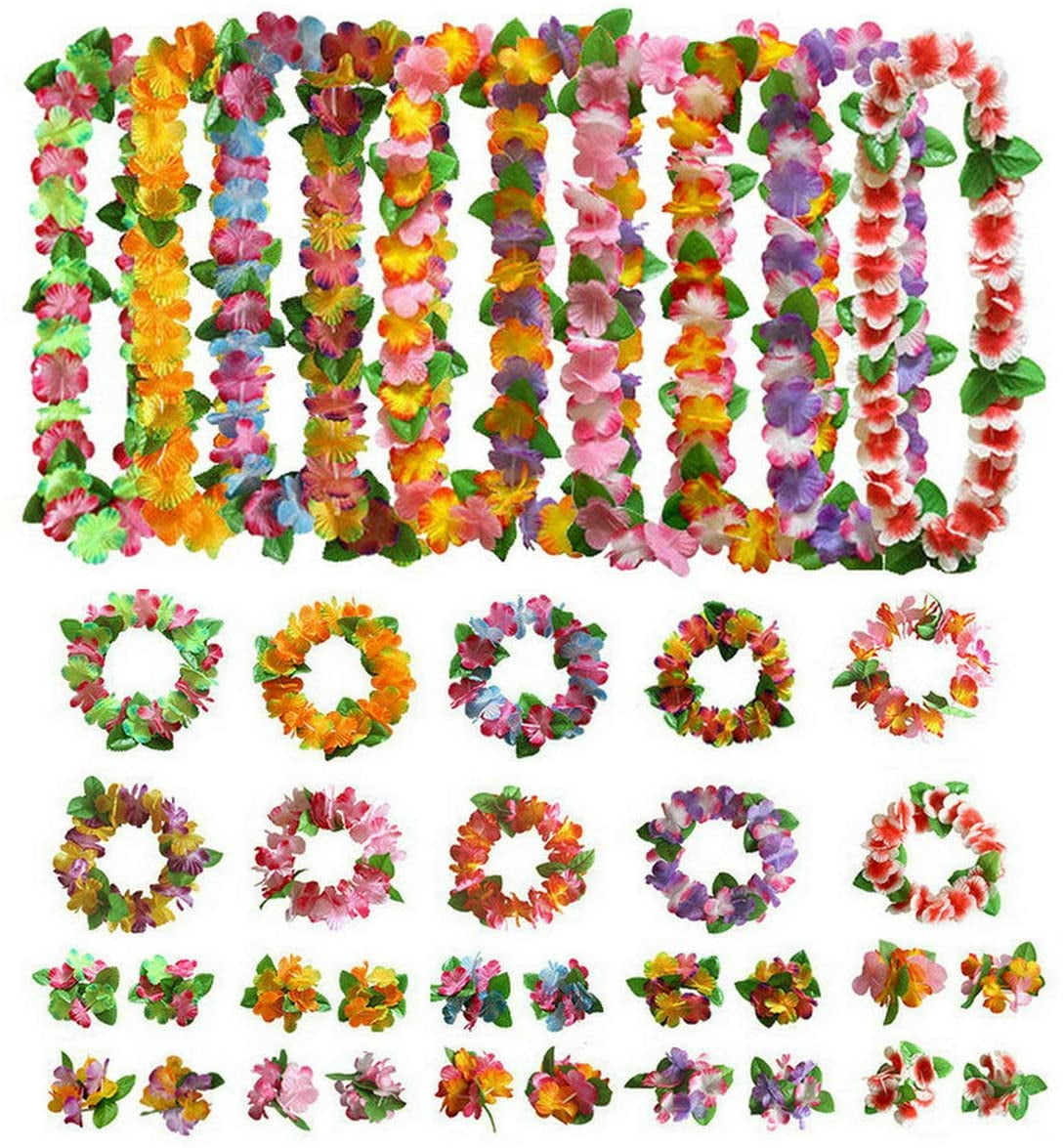 12pcs Hawaiian Lei Leis Flower Necklace Garland For Tropical Holiday Beach Party