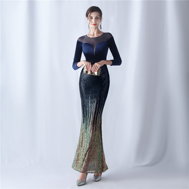 Vestido de noche de cola de pez de manga larga para mujer Atmósfera de alta gama Elegante Banquete Reunión anual Temperamento Terciopelo Aura Reina