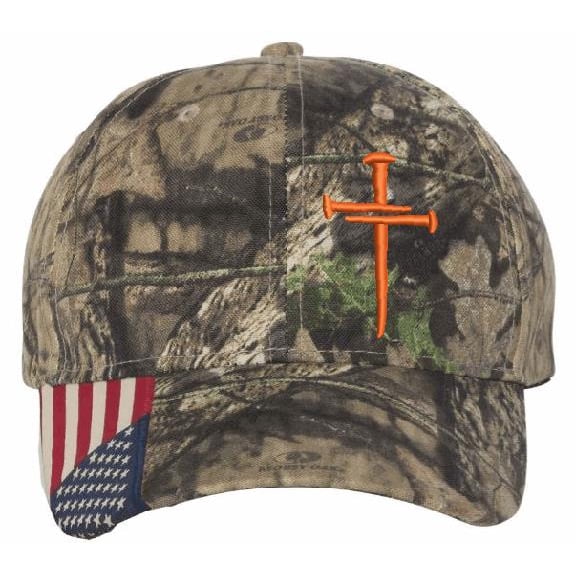 Christian Hats for Men Women Jesus 3 Nail Cross Hat MOSSY CAMO ORANGE CROSS Premium Snapback with Free 4" Decal