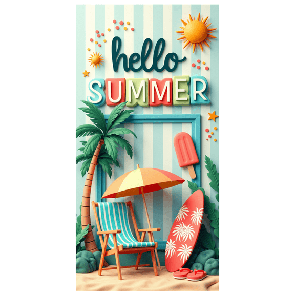 Colorful Theme Summer Banner Decorative Design Beach Party Backdrop Hello Lettering for Summer Party Holiday Celebration Outdoor Event