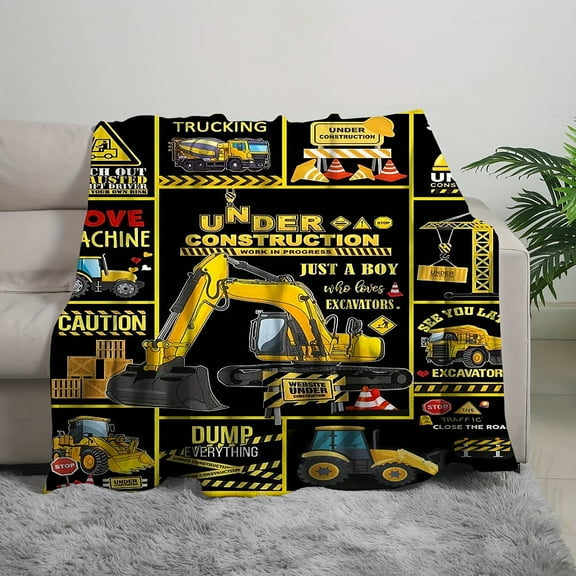 Versatile Flannel Throw Blanket with Excavator Design - Soft, Warm & Cozy for Couch, Bed, Office, and Travel - Machine Washable