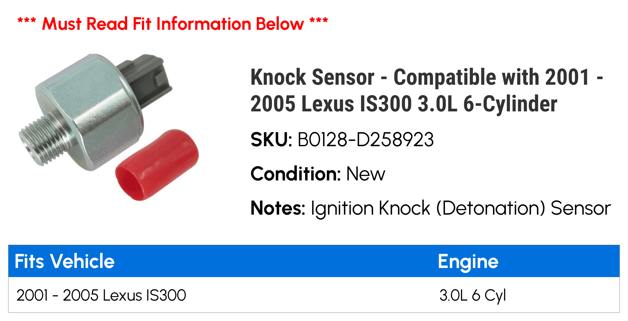 Knock Sensor - Compatible with 2001 - 2005 IS300 3.0L 6-Cylinder 2002 2003 2004