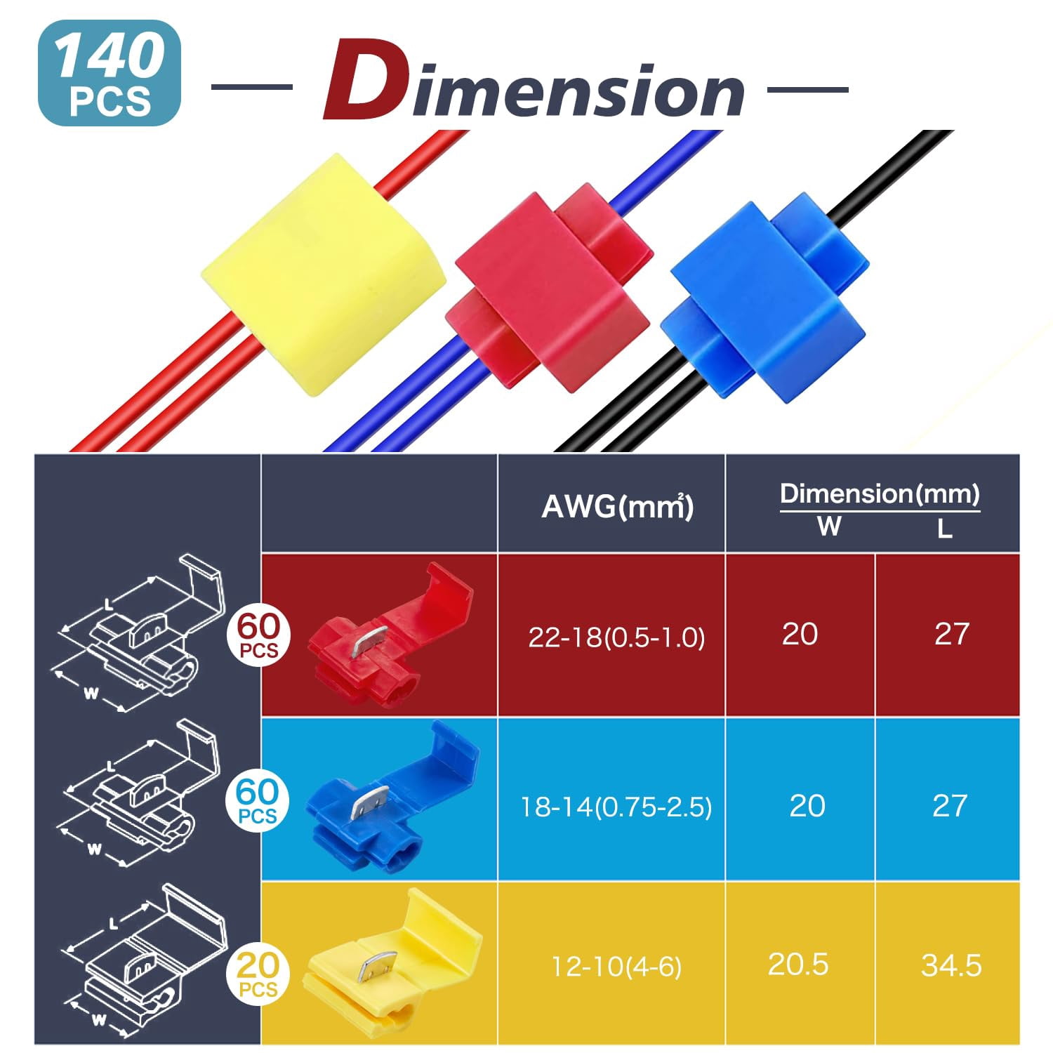 140 quick connect terminals lead-free sleeve, suitable for 22-18,16-14,12-10 gauge non-solder sleeve kit red blue yellow terminal electrical / certified self-peeling cable connector terminal crimp