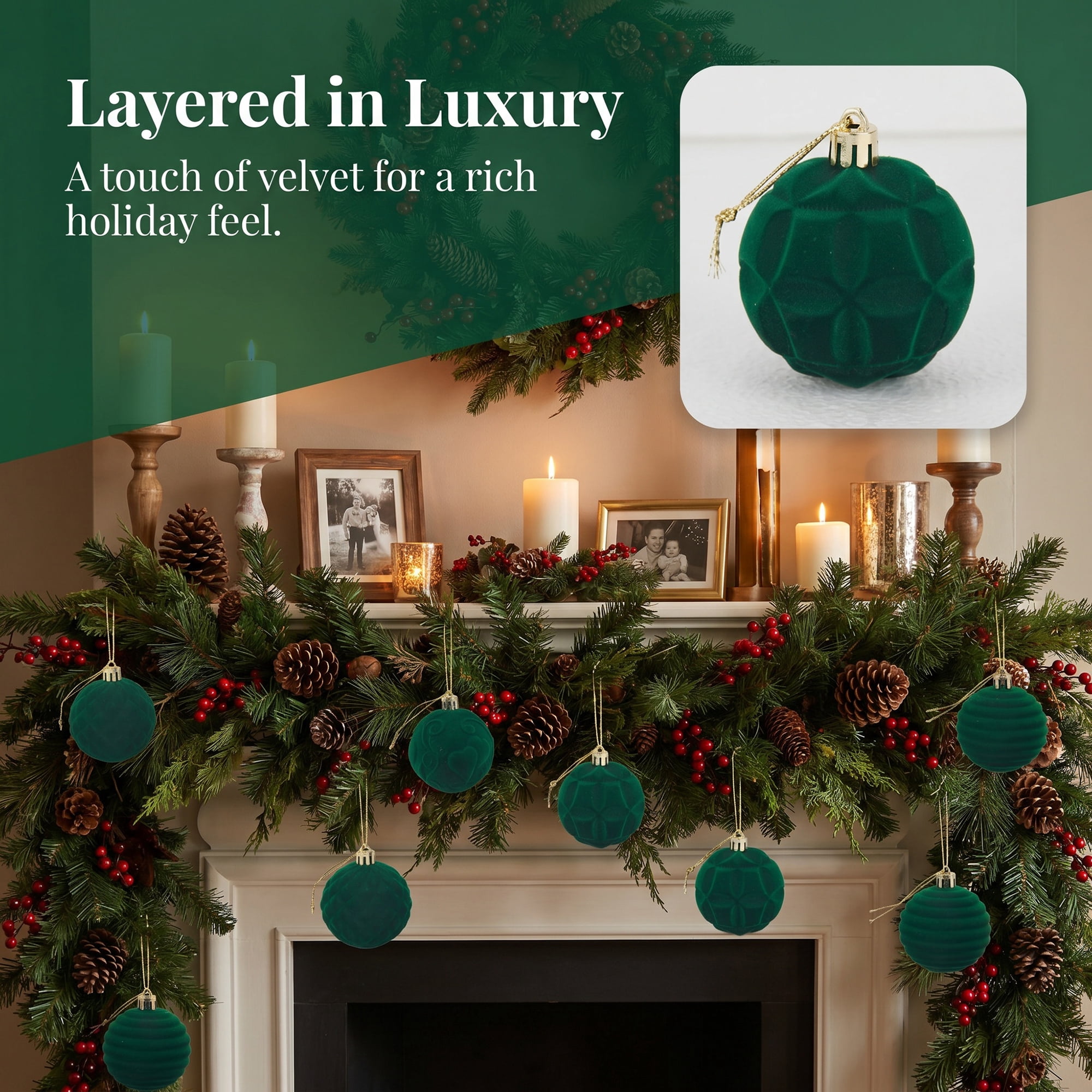Unique Bargains Velvet Christmas 12 Pack Flocked Sphere Orbs Luxury Ornaments Green 2.4"