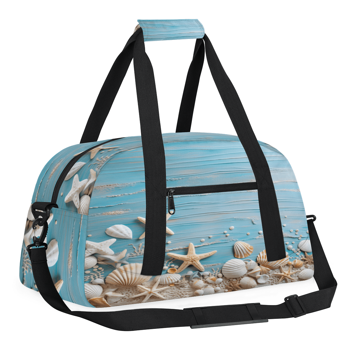 Herdesigns Starfish and Seashells Blue Sports Duffle Bag for Women & Men, Beach Coastal Nautical Gym Bag Dance Bag Overnight Bag Carry On Weekender Travel Bag