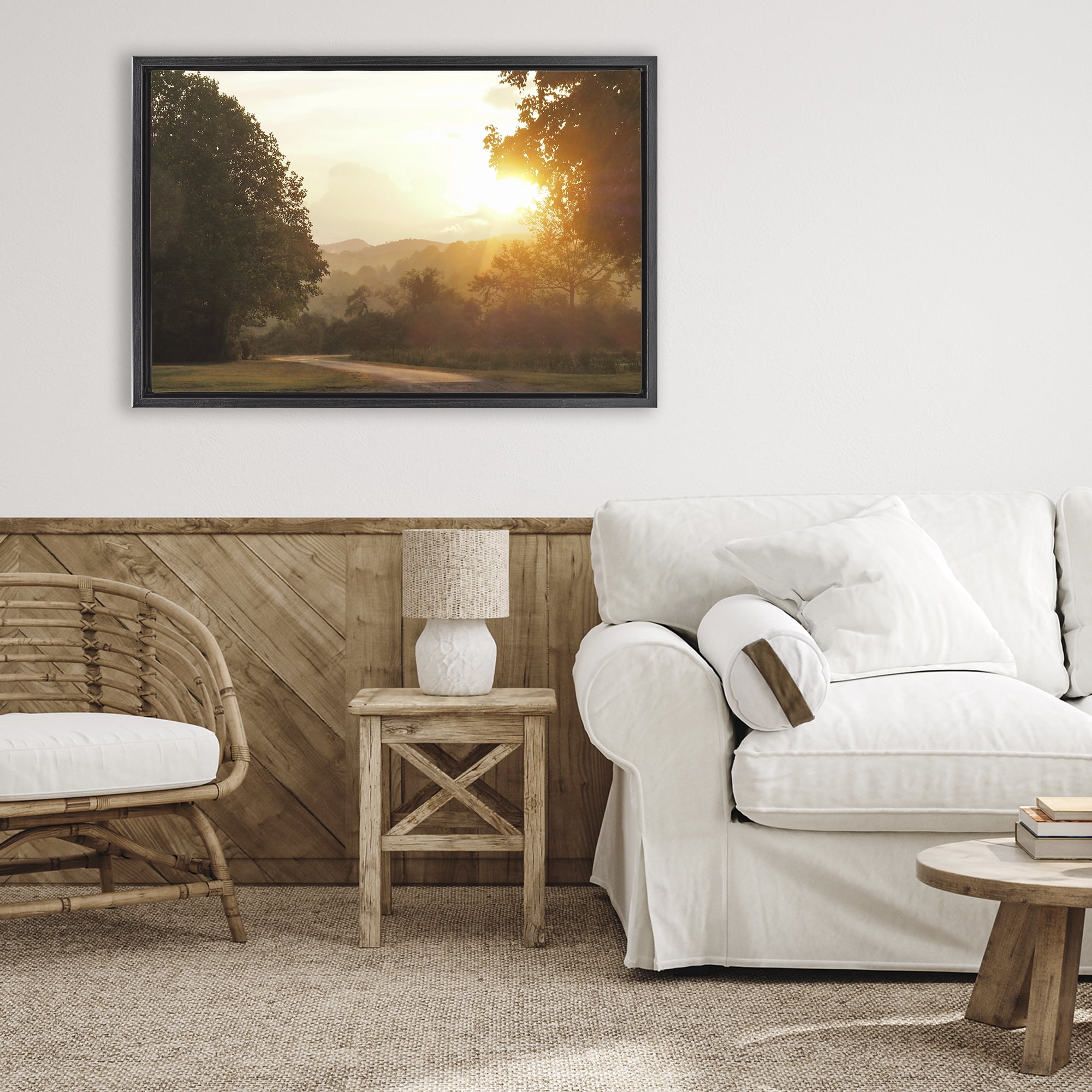 Stupell Industries Golden Morning Between Trees Black Framed Floater Canvas Wall Art, design by Gail Peck