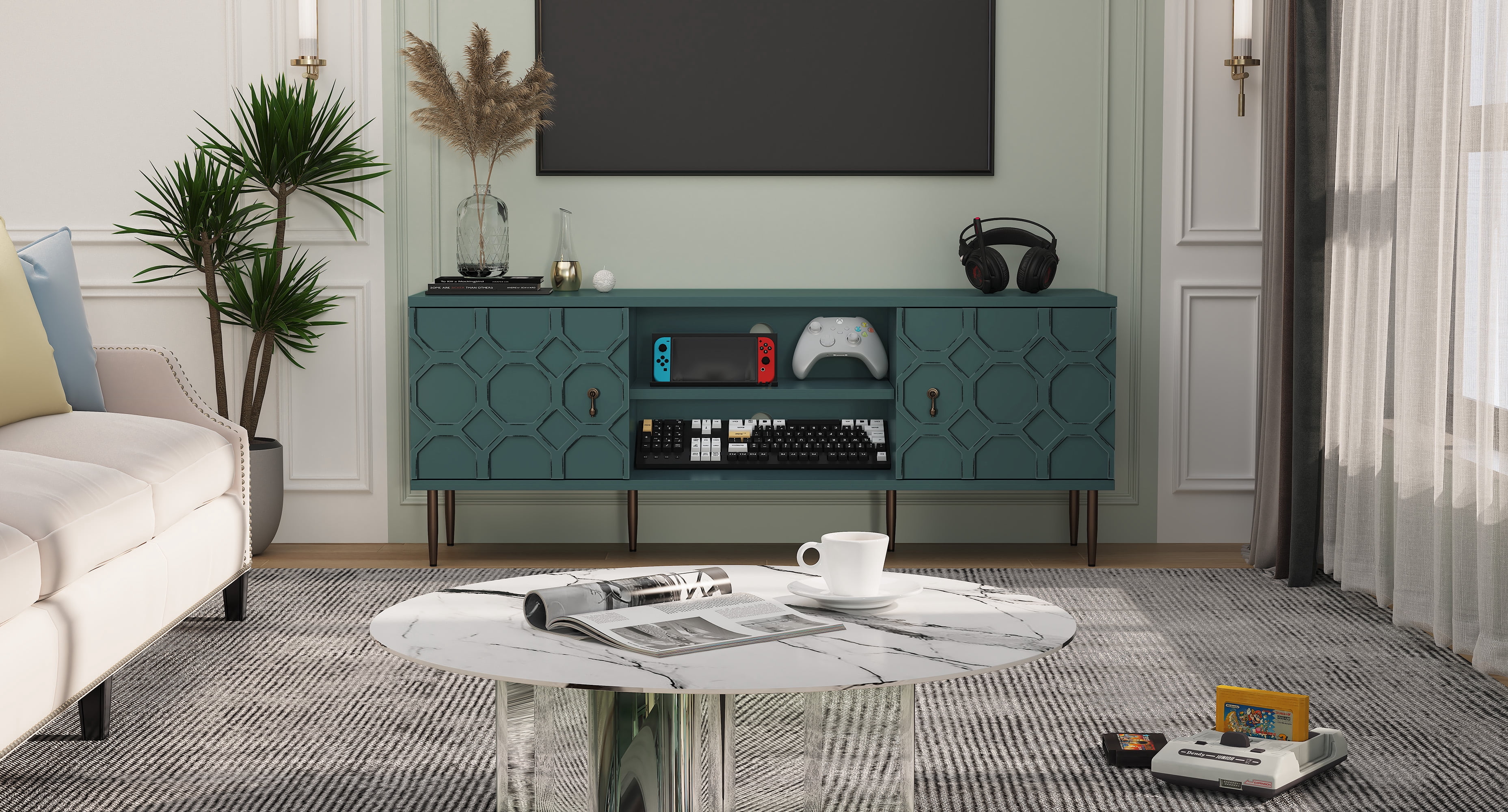 CBJCBJ Entertainment Center Console with 4 Doors and 2 Open Shelves for TV up to 75+ Inch, Green