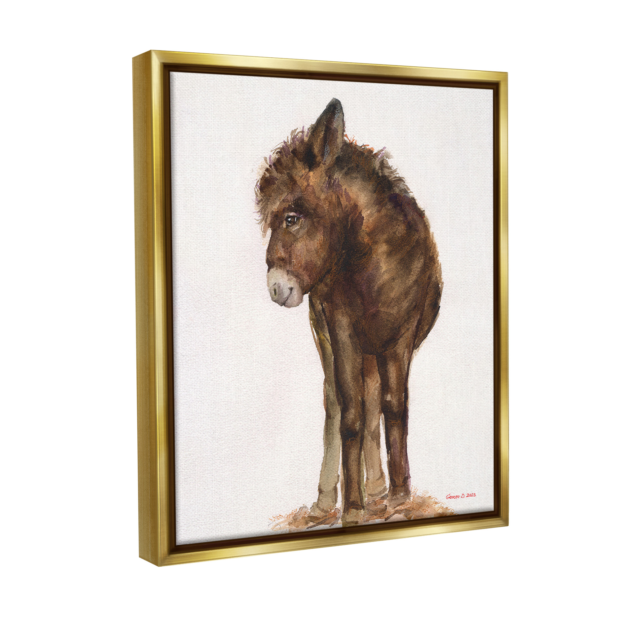 Stupell Industries Smiling Donkey Foal Animals & Insects Painting Gold Floater Framed Canvas Art Print Wall Art, 17 x 21