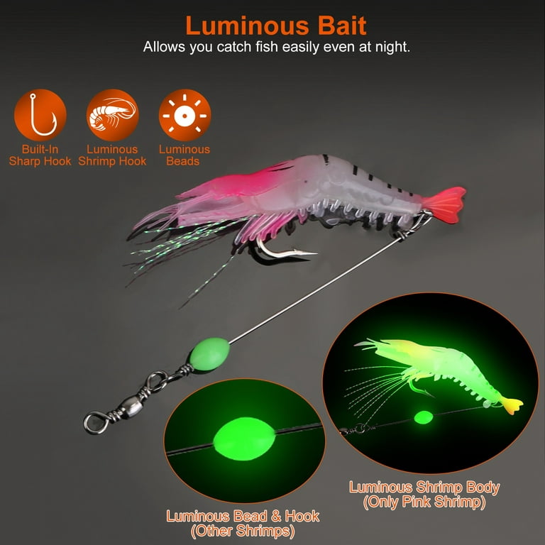 Luminous Shrimp Silicon Soft Fishing Lure Artificial Bait With Hooks Pack  of 3pcs/7pcs