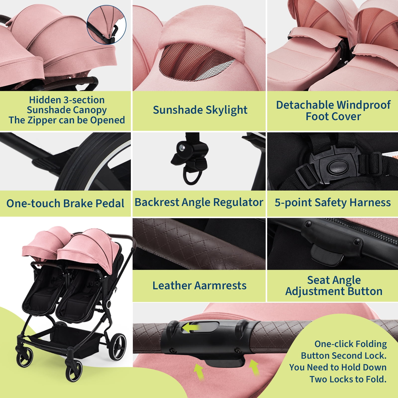 Roromall Side by Side Double Stroller for Twins, Adjustable Compact Folding Baby Travel Stroller with High Landscape Seat, Lightweight Canopy & Recline for Infant and Toddler