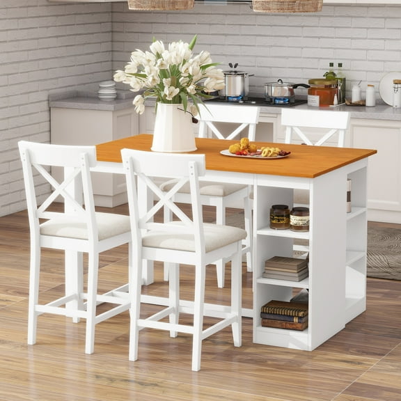 EUROCO 5 Piece Counter Height Dining Table Set for 4, 60" Bar Height Dining Set with 3-Tier Storage Shelves and 4 Upholstered Dining Chairs,Dining Room Table Set for Small Place Apartment Kitchen