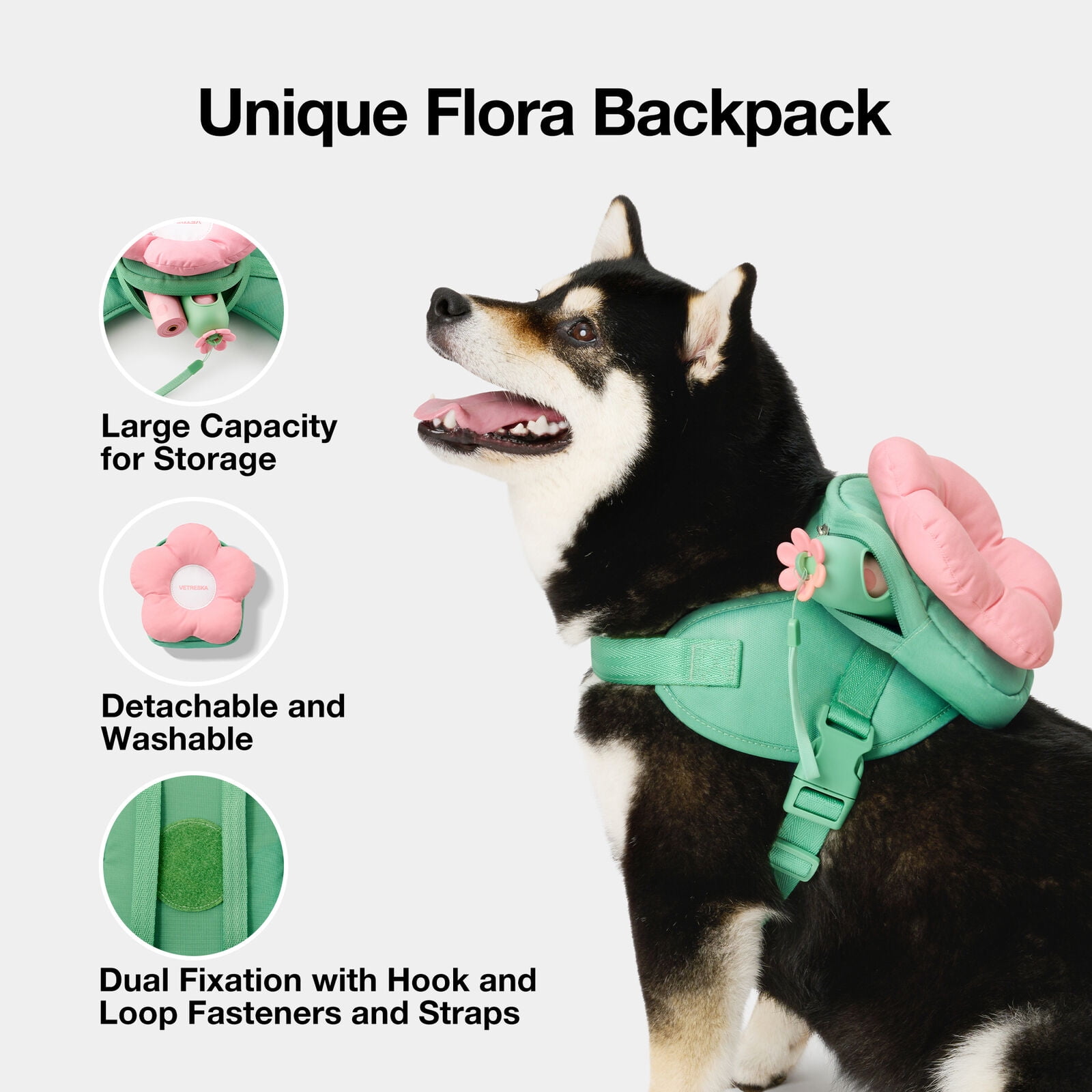 VETRESKA Flora Dog Harness & Backpack Leash with Collar 3 In 1 Set Adjustable No Pull Vest Harness