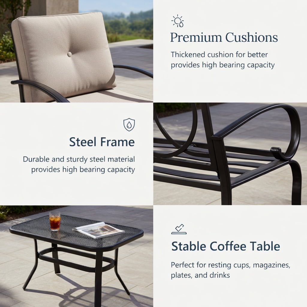 Hommoo 2-Piece Outdoor Patio Furniture Set, Cushioned Loveseat & Coffee Table with 4" Thick Cushions, Steel Frame, Easy-Clean Olefin Fabric, Beige