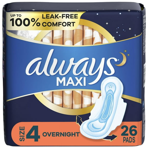 Always Maxi Overnight Pads with Wings for Women, Size 4, Overnight Absorbency, Unscented, 26CT
