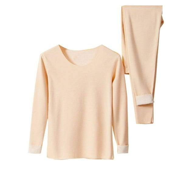 Conjuntos de ropa interior térmica para mujer, jersey liso informal de cuello redondo, alta elasticidad, conjuntos de ropa interior cálida, pantalones de poliéster, blusa para mujer