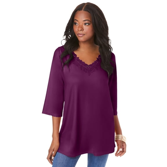 Roaman's Women's Plus Size Lace V Neck Ultrasmooth Fabric Top