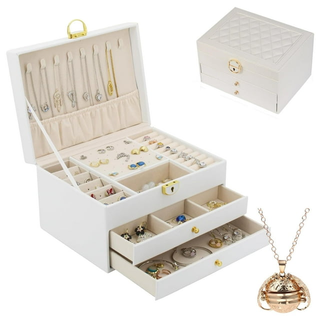 Caja Joyero, Alajero Grande de 3 Niveles Relicario Incluido Caja de Almacenamiento para Guardar Collares, Anillos, Aretes, Reloj, Pulseras, Organizador de Joyas Alhajero, Diseño Elegante