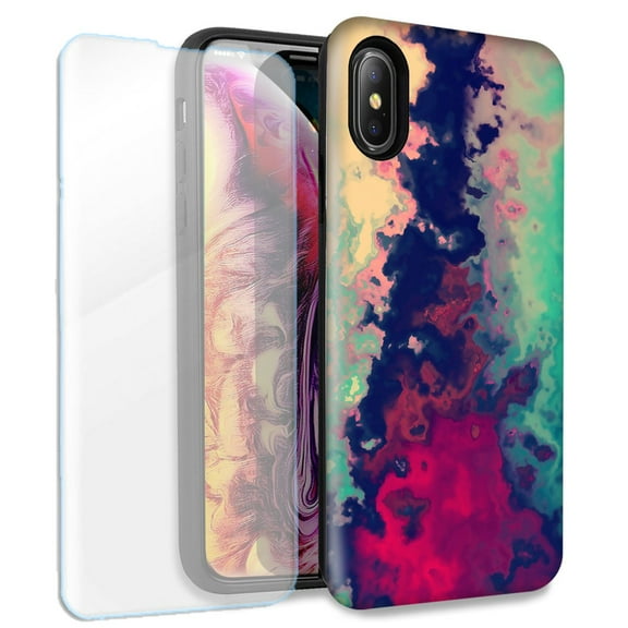 Mundaze Watercolor Paint Double Layer Case w/Glass Screen Protector For Apple iPhone XR