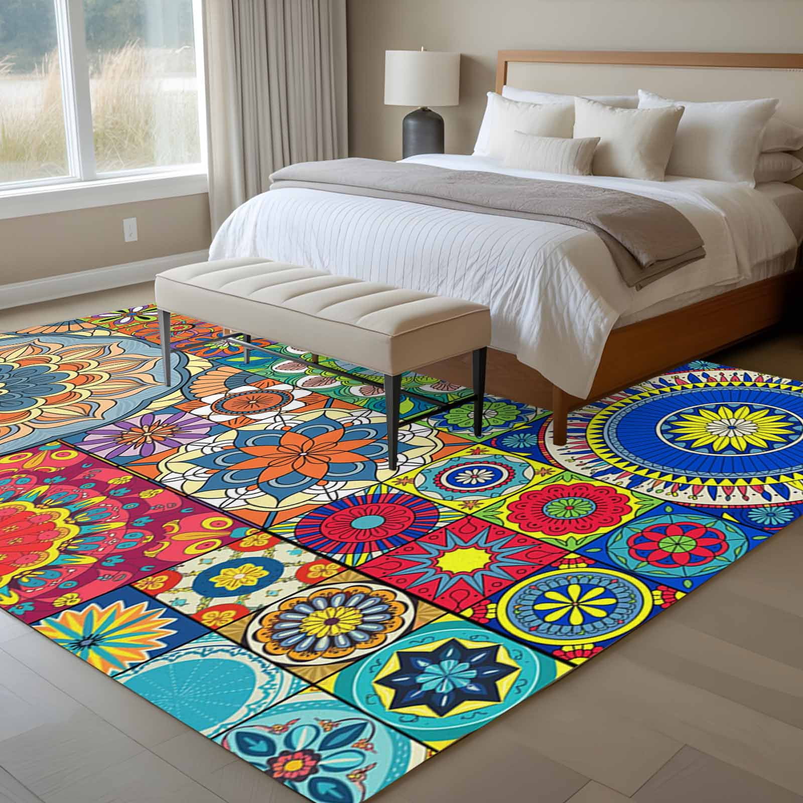 5x8 Area Rugs for Living Room, Colorful Ethnic Non Slip Area Rugs for Kitchen Bedroom Entryway, National Modern Geometric Blue Green Washable Carpet Runner Rug Floor Mats for Bedroom Home Decor