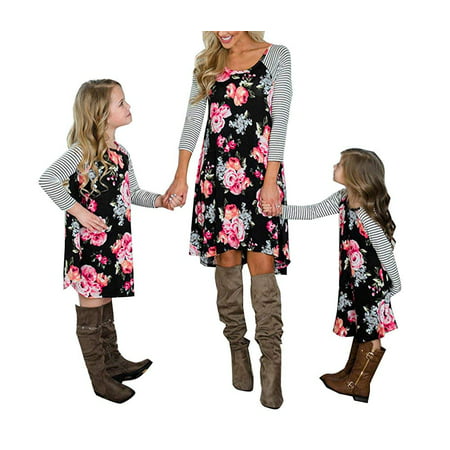 amily Matching Flower Print O-Neck Long Sleeve Short Dress Mommy and Me One Piece Spring Fall Dress