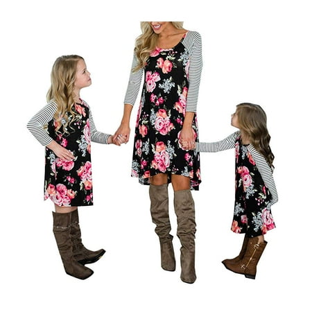Style One Piece Dress - amily Matching Flower Print O-Neck Long Sleeve Short Dress Mommy and Me One Piece Spring Fall Dress