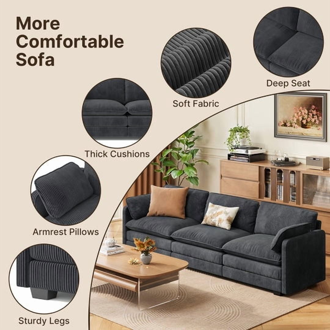 Aiho 110" Couches for Living Room, Corduroy Fluffy Sofa Couch, Comfy Sectional Sofa for Living Room, Apartment, Studio, Office - Dark Grey