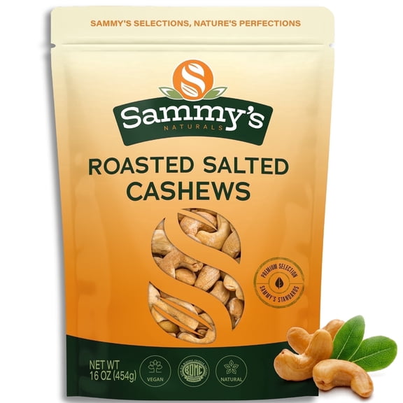 Sammys Naturals Roasted Cashews, Lightly Salted, Whole (16oz - 1 lb) Non-GMO, Kosher
