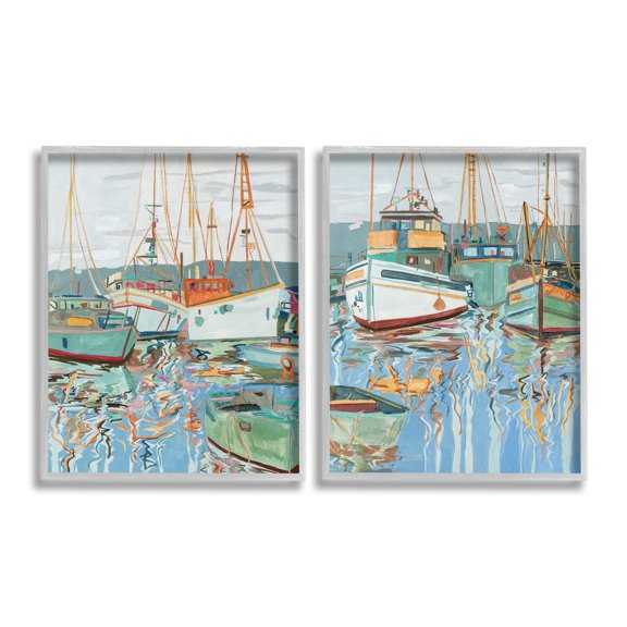Stupell Industries Marina Ships Reflection Transportation Painting Gray Framed Art Print Wall Art, 24 x 30, Set of 2