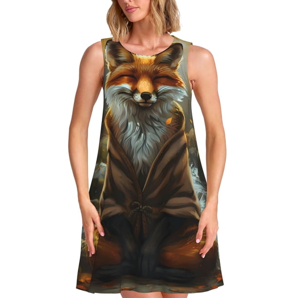 Fotbe Streamside Meditating Fox Vestido de Verano sin Mangas para Mujer – Vestido Midi Línea A, Estilo Camiseta Floral, Vestido Playero Casual y Fluido
