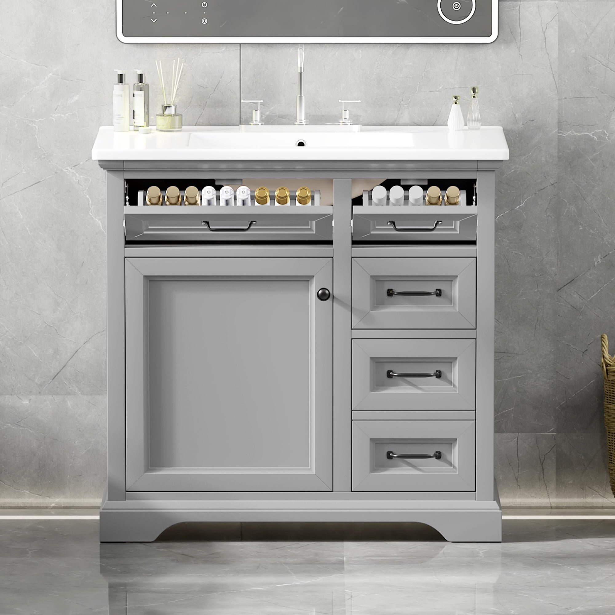 Euroco 36" Bathroom Vanity with Sink, Ceramic Sink, 2 Tip-out Drawers, Soft Close Door Hinges, Light Gray