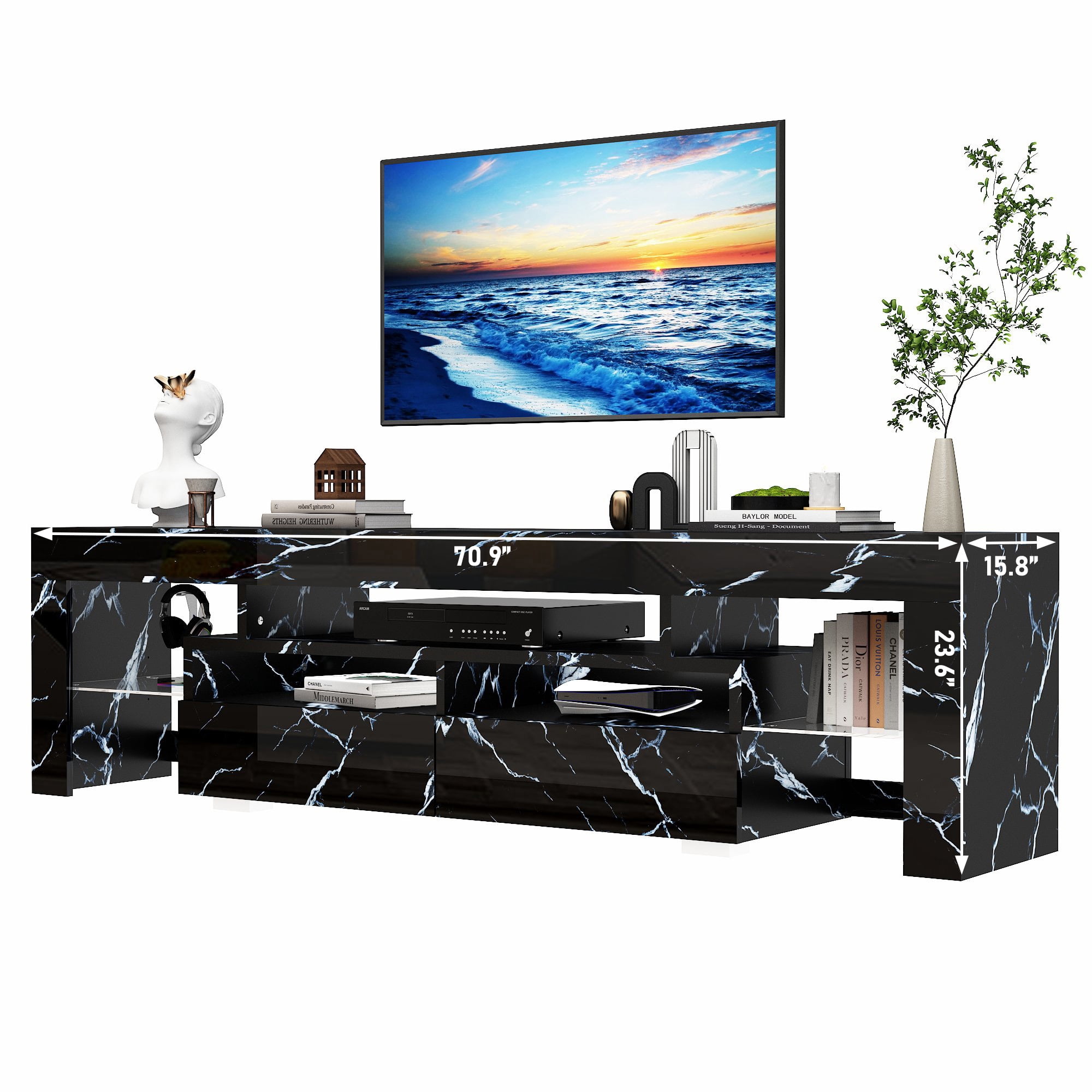 ChVans LED TV Stand for 65/75/85 inch TV, High Glossy Modern Entertainment Center with Drawer and LED Lights