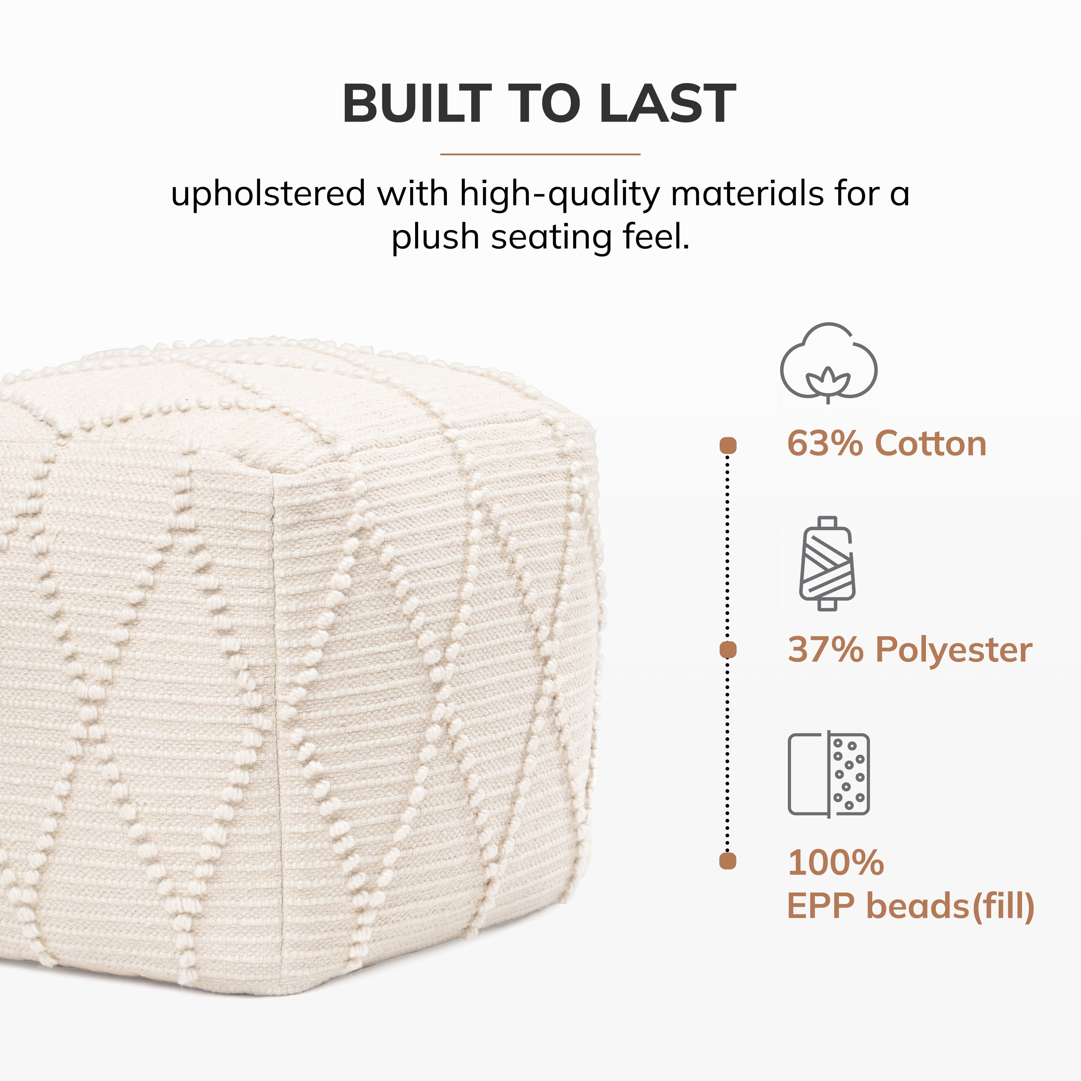 Anji Mountain Pouf Ottoman Foot Rest, Handmade Ottoman Pouf, Comfortable Foot Stool, Decorative Floor Seating for Living Room Decor, Bedroom & Home Décor Accent - Ivory