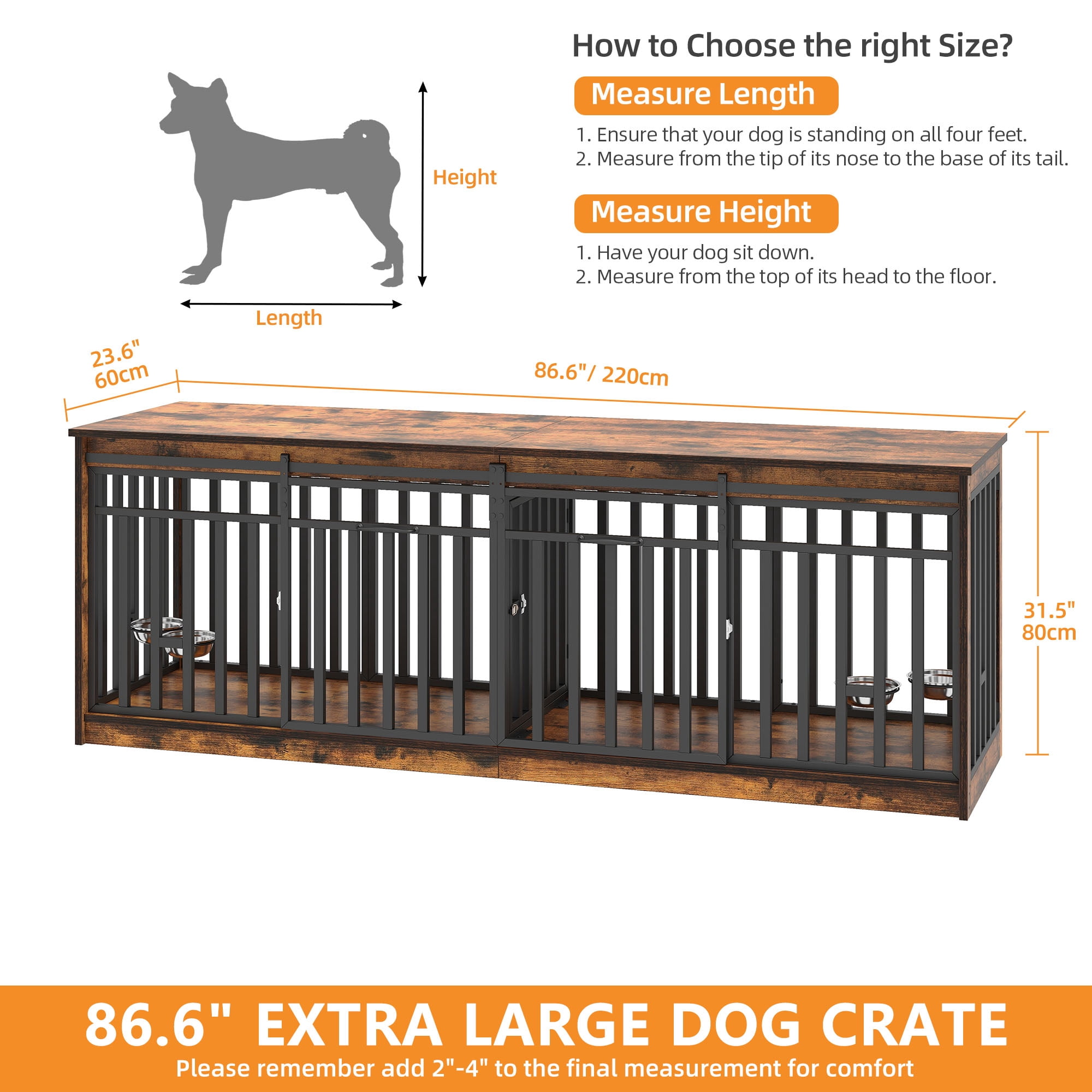 Craftian Double Dog Crate Furniture with 4 dog bowls, Wood Dual Dog Kennel TV Stand 86.6 inch A Spacious Haven for Your Beloved Pets, Brown