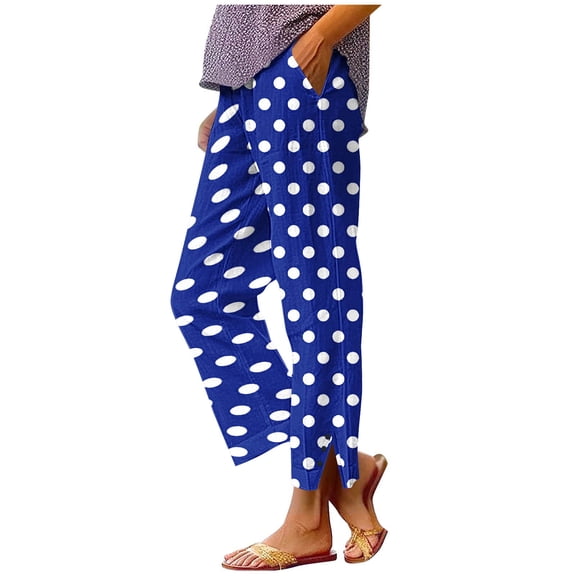 qucoqpe Women‘s Printed Linen Pants Fashion Casual Straight Leg Capri Elastic Waist Beach Vacation Trousers