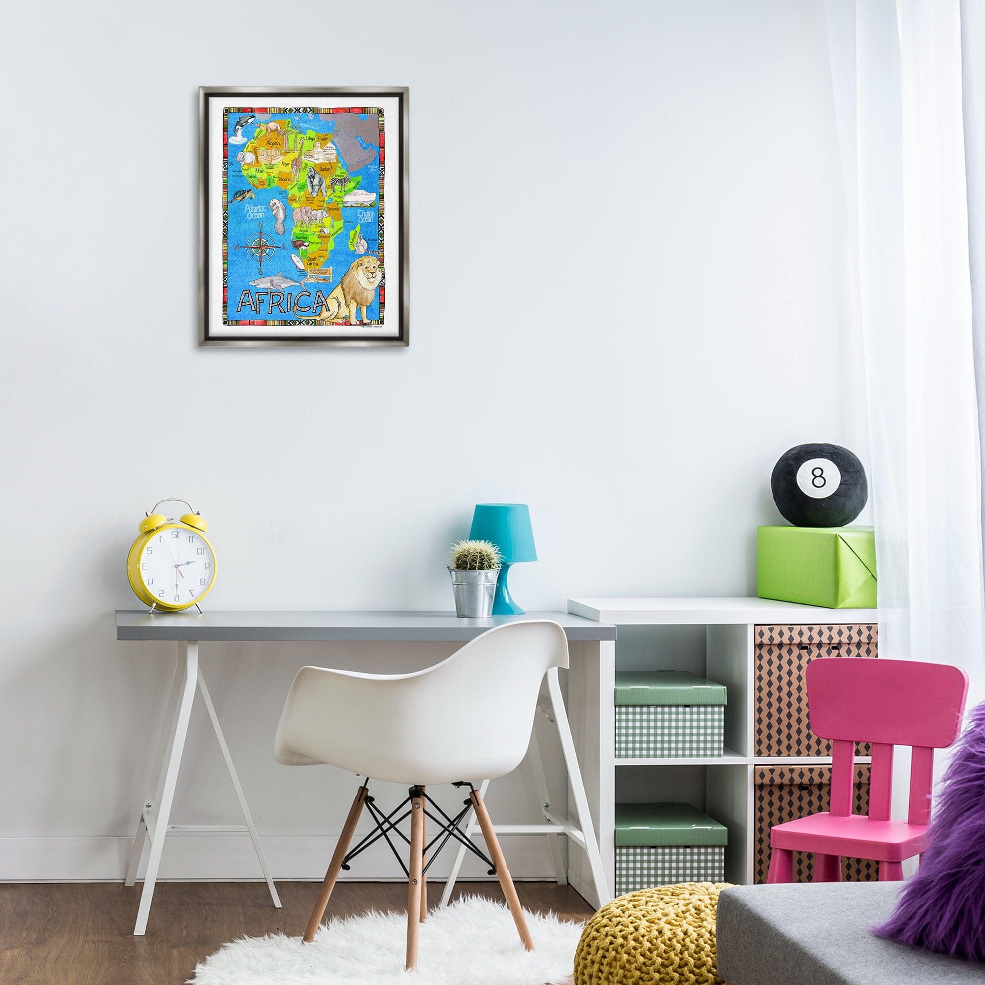 Stupell Industries African Animals Map Town & City Painting Gray Floater Framed Art Print Wall Art, 17 x 21