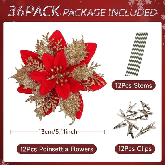 Syvvy 36pcs Poinsettia Christmas Artificial Flowers,Christmas Indoor Decor,5.5" Glitter Flowers with Clips,Xmas Tree,Garland,Gift,Wedding,Party Ornaments,(Red)