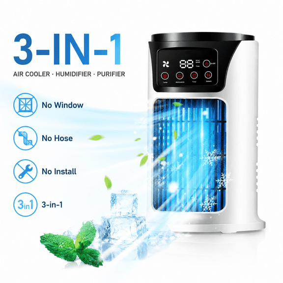 Portable Evaporative Air Cooler, 3-in-1 Mist Fan & Humidifier, No Window Setup, LED Timer