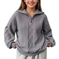 thumbnail image 2 of BXJX Girls Cable Knit Sweaters, Half Zip School Lapel Collar Long Sleeve Fall Pullover Tops Gray Size 14-15 T, 2 of 7
