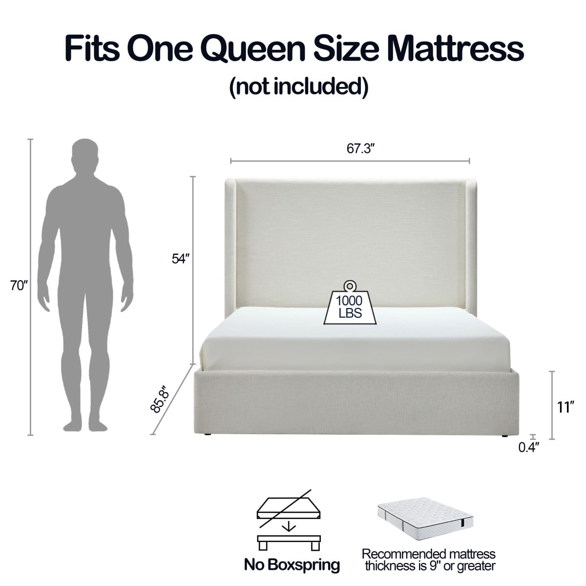 Luckynote Upholstered Wingback Platform Bed, Queen Frame with 54" Headboard, No Box Spring Needed, Minimalist Quiet Design for Master Bedroom, Ivory