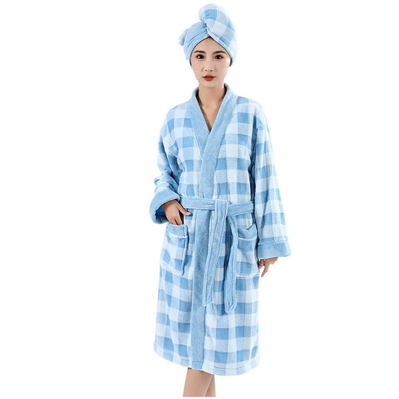 Jamicy Fluffy Robes for Women Winter Soft Warm Plush Absorbent Bandage Bathrobe Robes with Bathing Cap Long Fleece Winter Bath Robe for Women